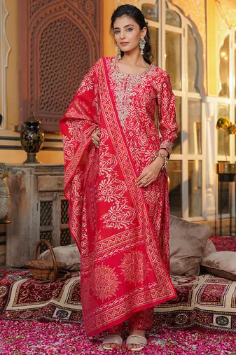 Women red silk blend ikat embroidered straight kurta trousers with dupatta