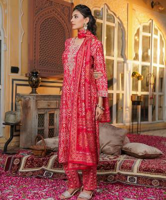 Women red silk blend ikat embroidered straight kurta trousers with dupatta 3