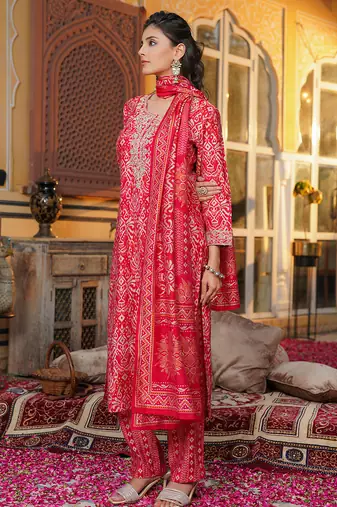 Women red silk blend ikat embroidered straight kurta trousers with dupatta