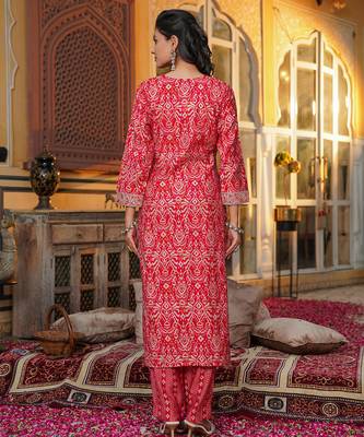 Women red silk blend ikat embroidered straight kurta trousers with dupatta 4