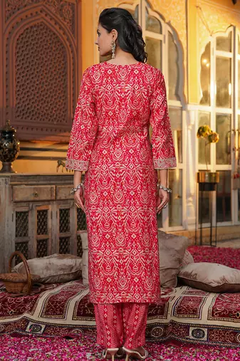 Women red silk blend ikat embroidered straight kurta trousers with dupatta
