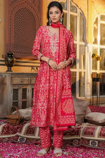 Women red silk blend ikat embroidered straight kurta trousers with dupatta