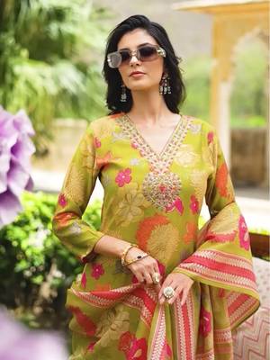 Women lime green viscose rayon floral embroidered straight kurta trousers with dupatta 1
