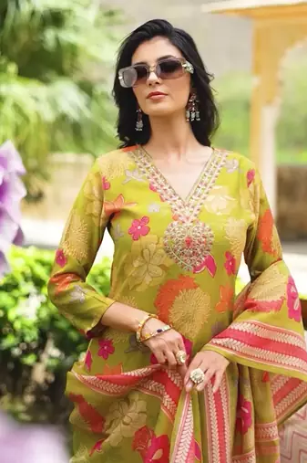 Women lime green viscose rayon floral embroidered straight kurta trousers with dupatta