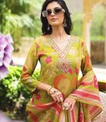 Women lime green viscose rayon floral embroidered straight kurta trousers with dupatta