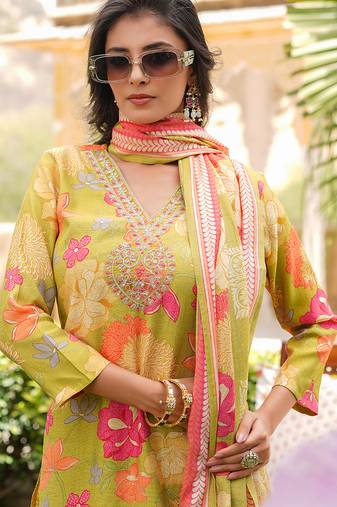 Women lime green viscose rayon floral embroidered straight kurta trousers with dupatta