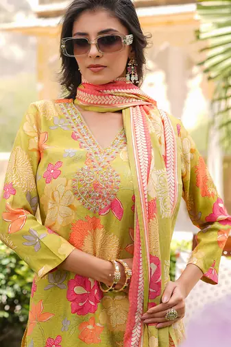 Women lime green viscose rayon floral embroidered straight kurta trousers with dupatta
