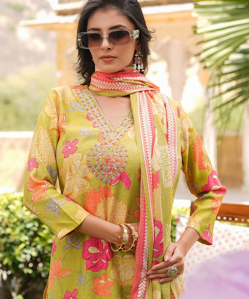 Women lime green viscose rayon floral embroidered straight kurta trousers with dupatta