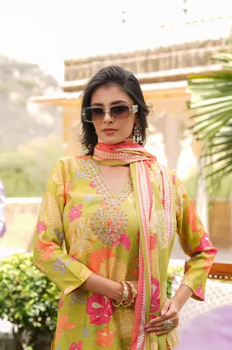 Women lime green viscose rayon floral embroidered straight kurta trousers with dupatta