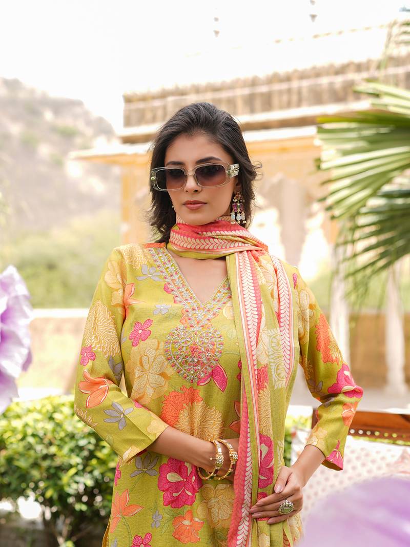 Women lime green viscose rayon floral embroidered straight kurta trousers with dupatta