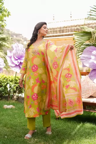 Women lime green viscose rayon floral embroidered straight kurta trousers with dupatta