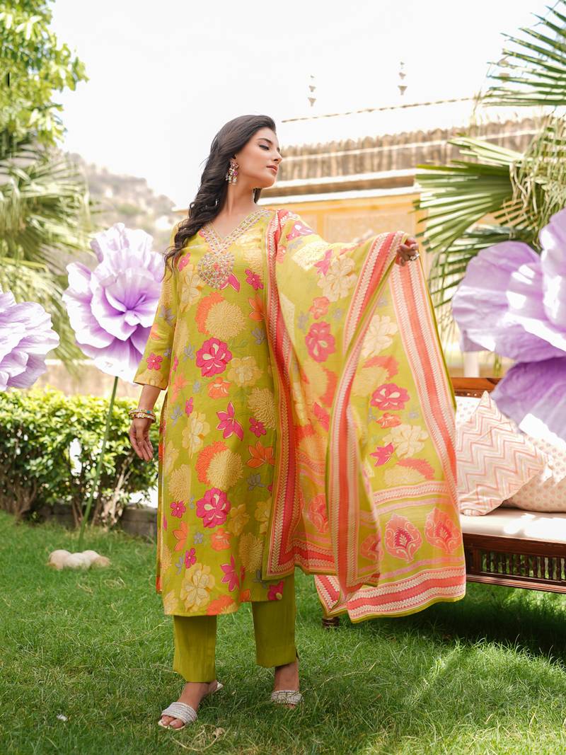 Women lime green viscose rayon floral embroidered straight kurta trousers with dupatta