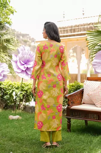 Women lime green viscose rayon floral embroidered straight kurta trousers with dupatta