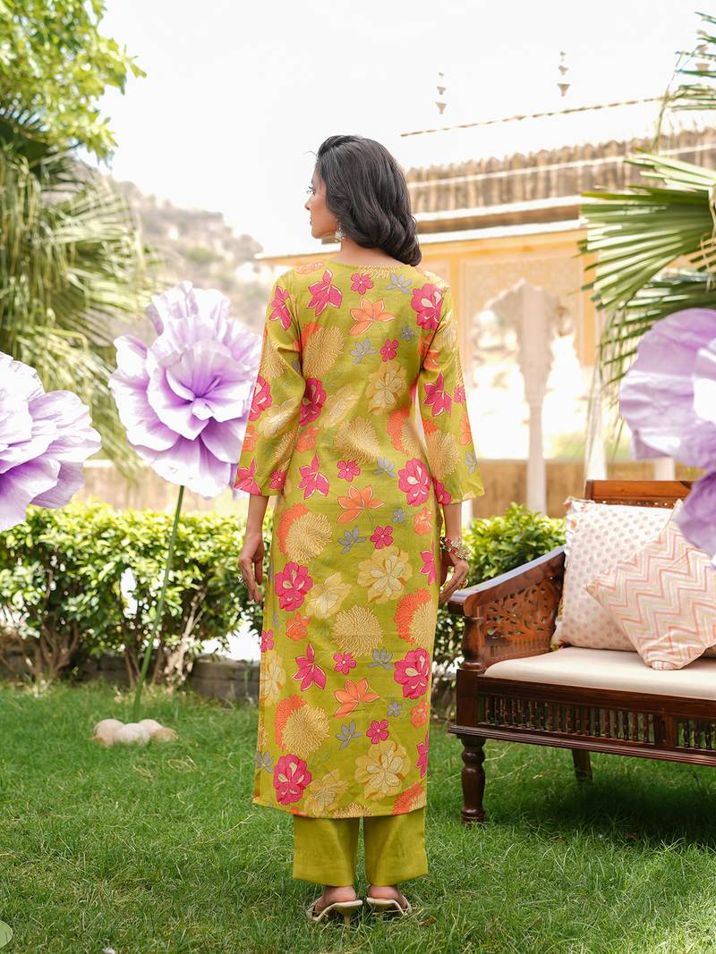 Women lime green viscose rayon floral embroidered straight kurta trousers with dupatta