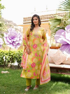 Women lime green viscose rayon floral embroidered straight kurta trousers with dupatta 5