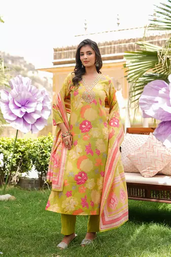 Women lime green viscose rayon floral embroidered straight kurta trousers with dupatta