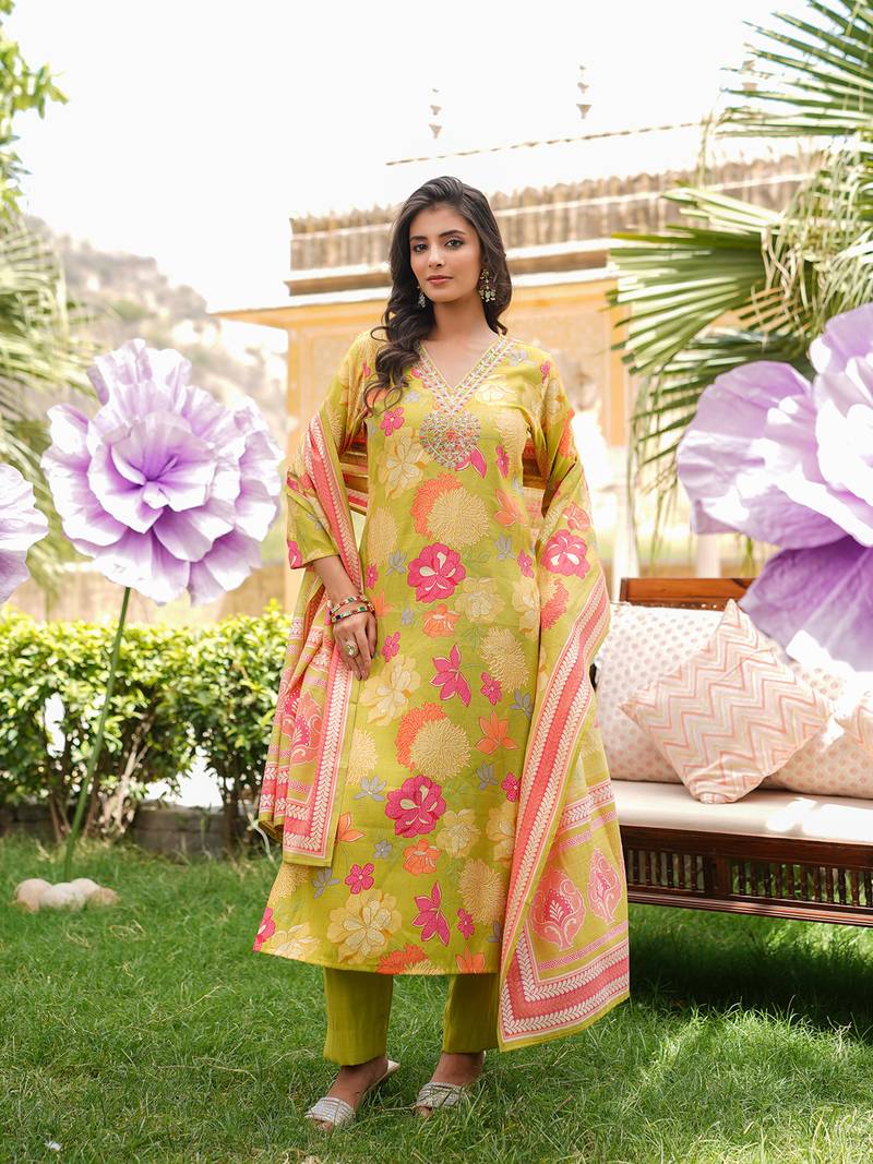 Women lime green viscose rayon floral embroidered straight kurta trousers with dupatta