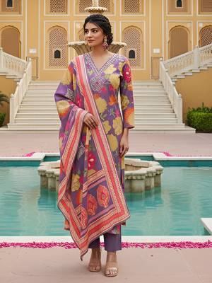 Women purple viscose rayon floral embroidered straight kurta trousers with dupatta 1