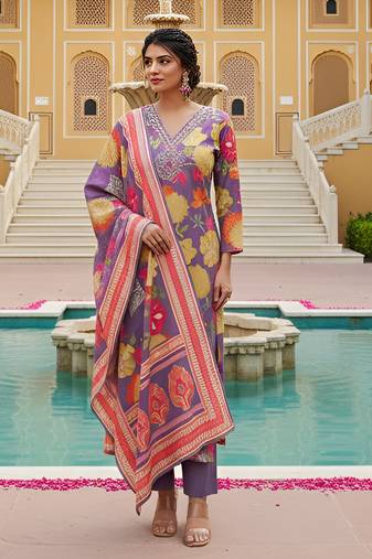 Women purple viscose rayon floral embroidered straight kurta trousers with dupatta