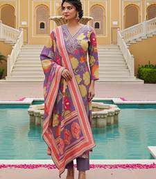 Women purple viscose rayon floral embroidered straight kurta trousers with dupatta