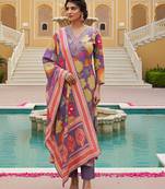 Women purple viscose rayon floral embroidered straight kurta trousers with dupatta
