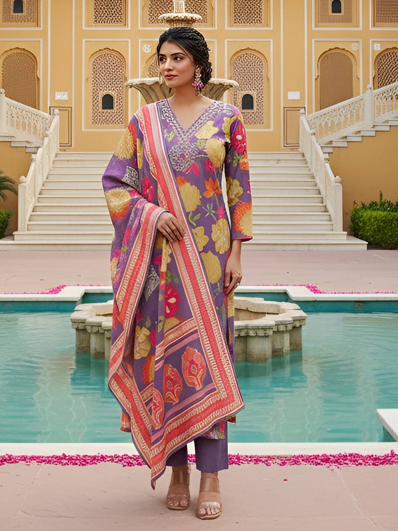 Women purple viscose rayon floral embroidered straight kurta trousers with dupatta