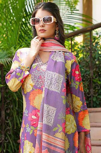 Women purple viscose rayon floral embroidered straight kurta trousers with dupatta