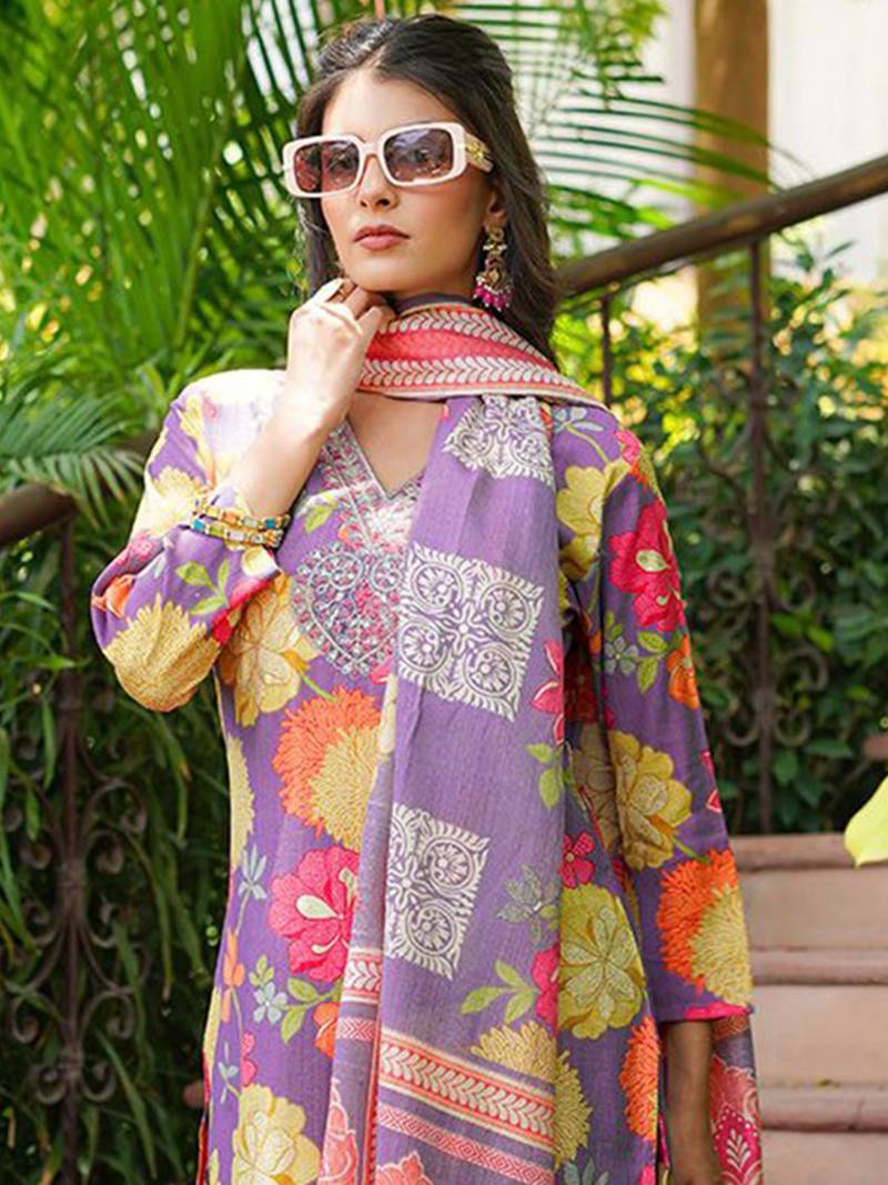 Women purple viscose rayon floral embroidered straight kurta trousers with dupatta