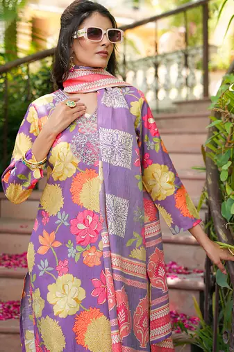 Women purple viscose rayon floral embroidered straight kurta trousers with dupatta