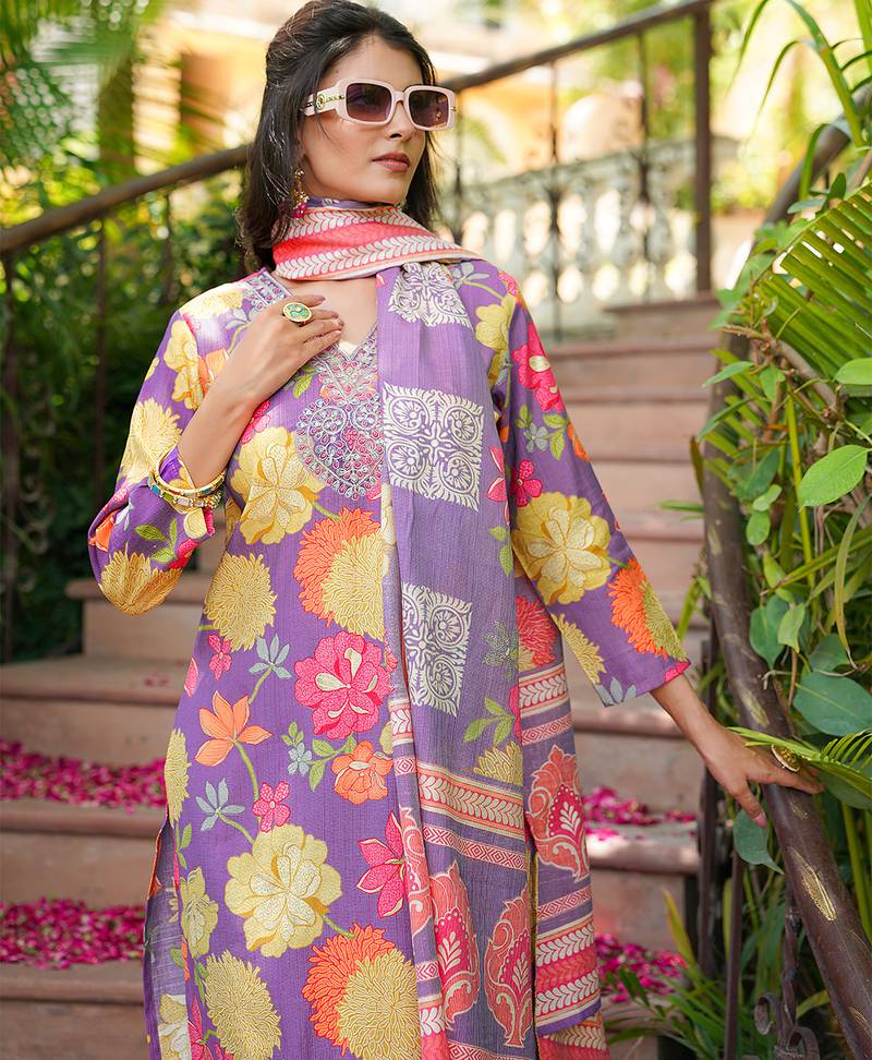 Women purple viscose rayon floral embroidered straight kurta trousers with dupatta