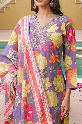 Women purple viscose rayon floral embroidered straight kurta trousers with dupatta