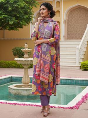 Women purple viscose rayon floral embroidered straight kurta trousers with dupatta 3