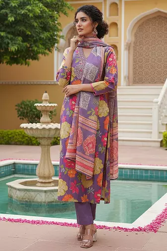 Women purple viscose rayon floral embroidered straight kurta trousers with dupatta