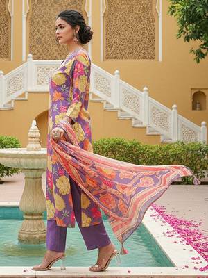 Women purple viscose rayon floral embroidered straight kurta trousers with dupatta 4
