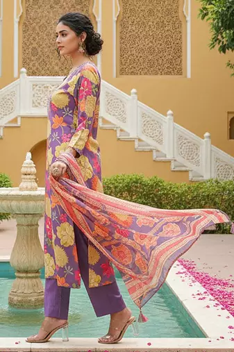 Women purple viscose rayon floral embroidered straight kurta trousers with dupatta