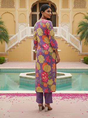 Women purple viscose rayon floral embroidered straight kurta trousers with dupatta 5