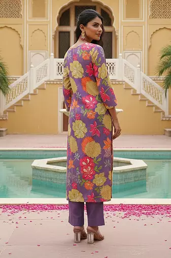 Women purple viscose rayon floral embroidered straight kurta trousers with dupatta