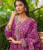 Women purple silk blend floral embroidered straight kurta trousers with dupatta