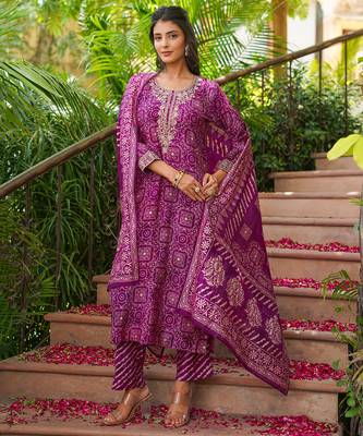Women purple silk blend floral embroidered straight kurta trousers with dupatta 2