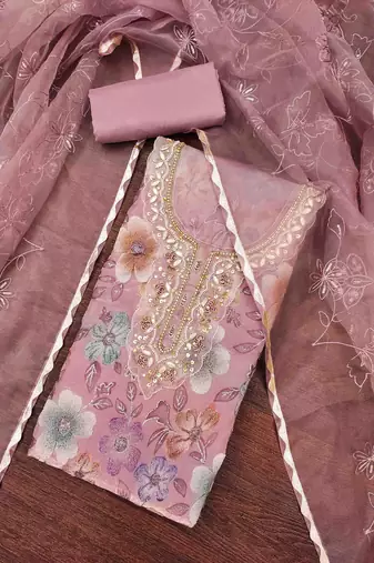Pink viscose organza handwork unstitched dress material