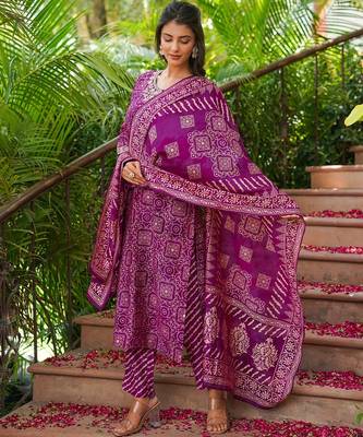 Women purple silk blend floral embroidered straight kurta trousers with dupatta 5