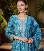 Women blue silk blend ikat printed straight kurta trousers with dupatta