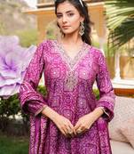 Women purple silk blend floral embroidered straight kurta trousers with dupatta