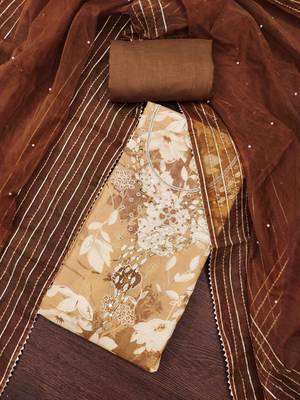 Brown cotton silk print handwork unstitched dress material 2