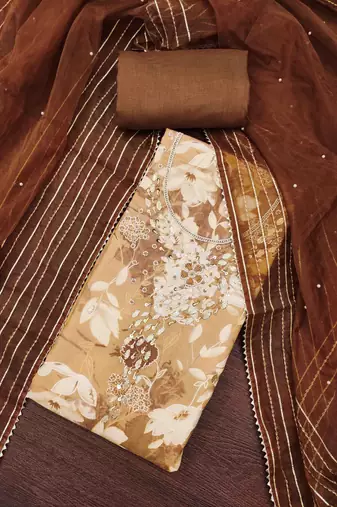 Brown cotton silk print handwork unstitched dress material