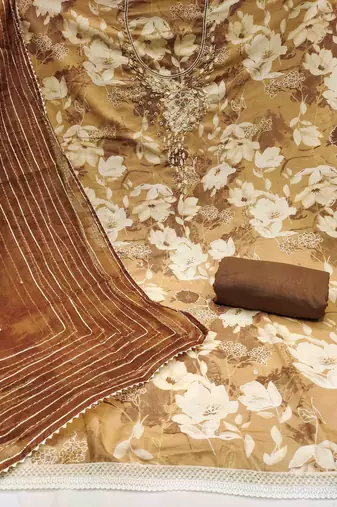 Brown cotton silk print handwork unstitched dress material