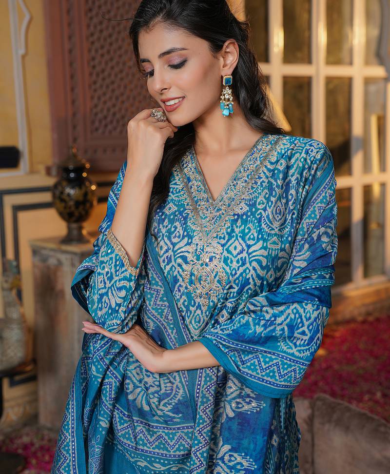 Women blue silk blend ikat printed straight kurta trousers with dupatta