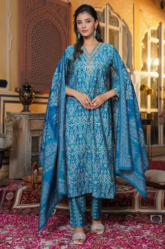 Women blue silk blend ikat printed straight kurta trousers with dupatta