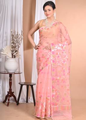 Pink Jamdani silk blend Organza Saree With Blouse Piece 1