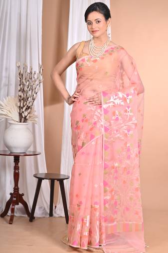 Pink Jamdani silk blend Organza Saree With Blouse Piece
